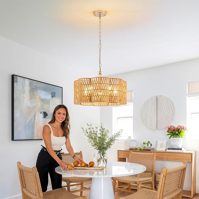 5-Light 19.6'' Convertible Rattan Chandelier - Flush Mount/Pendant Farmhouse Ceiling Light for Dining Room, Adjustable Chain & Dimmable Design
