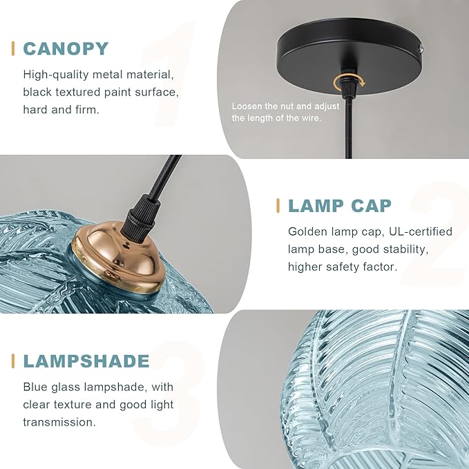 Modern Pendant Light for Bathroom, 8.6-inch Blue Hand Blown Ribbed Glass Hanging Pendant Light Fixture, Farmhouse Adjustable Hanging Lighting for Kitchen Island Dining Room Bedroom