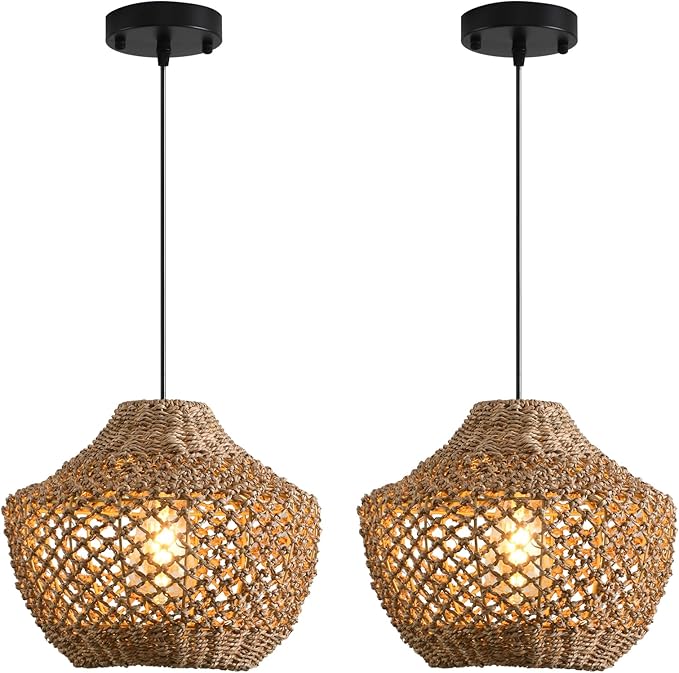 2-Pack Rattan Pendant Light Fixtures,11.81" Boho Pendant Light,Hand Woven Water Plants Rattan Chandelier for Workplace Occasions Restaurants Dining Living Bedroom Kitchen Farmhouse