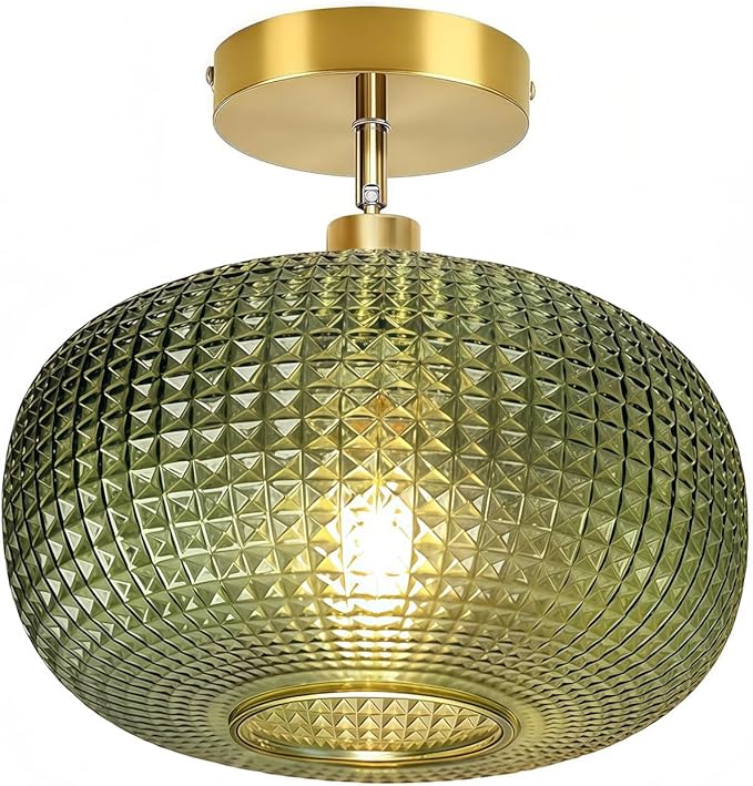Semi Flush Mount Ceiling Light,Hallway Light Fixtures,Globe Glass Ceiling Fixture with Green Shade,Kitchen Ceiling Light Fixture,Vintage Green Ceiling Lights,Retro Ceiling Lighting for Entryway Porch