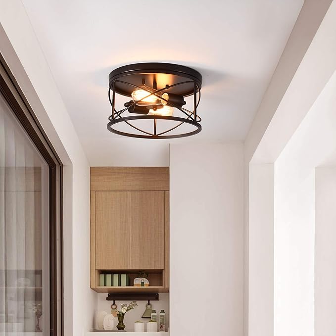 2-Light Flush Mount Ceiling Light Fixture, Industrial Modern Black Ceiling Lamp, Vintage Farmhouse Light Fixture for Hallway, Bedroom, Dining Room, Living Room, Kitchen, Entryway