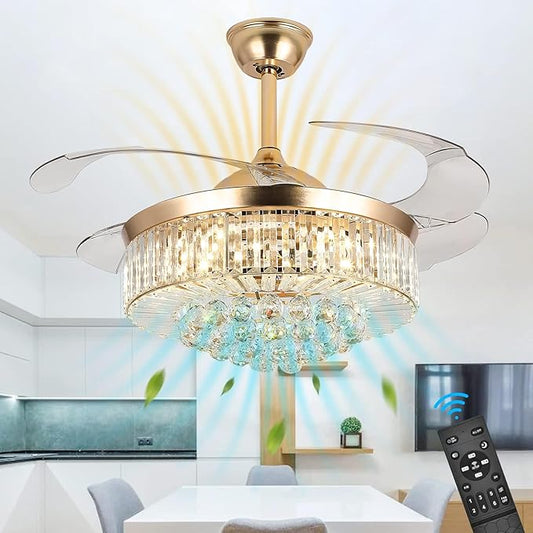 42in Crystal Ceiling Fan with Remote, Gold Fandelier Ceiling Fan with Light, 3 Speeds 3 Colors Changes Lighting Fixture, 4 Blades Retractable Chandelier Fan for Bedroom Living Room Dining Room