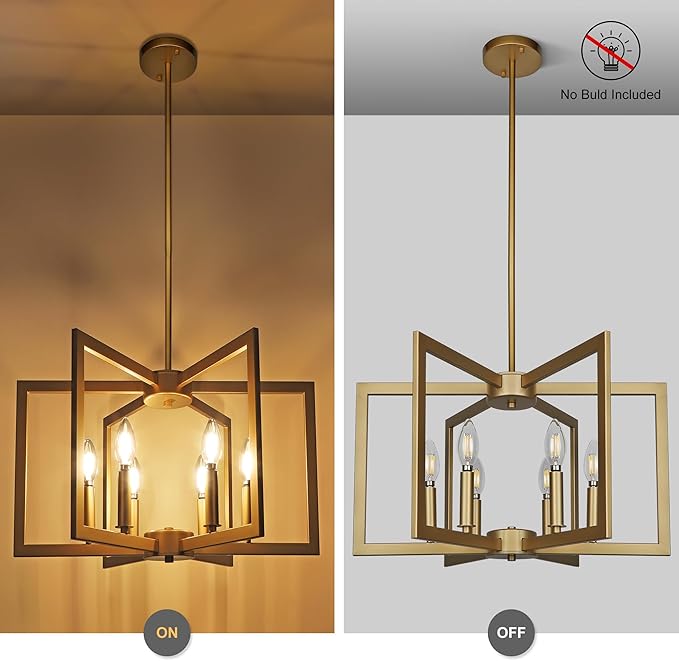 Klgxnrd 6-Light Gold Pendant Light, Modern Farmhouse Dining Room Light Fixtures Over Table, Industrial Metal Geometric Kitchen Chandelier for Entryway Hallway Foyer Bedroom