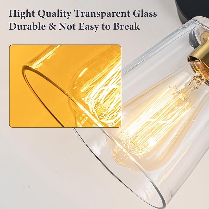 2-Light Bathroom Vanity Light, Black and Gold Bathroom Lighting Fixtures Over Mirror with Clear Glass Shades, Modern Hardwired Wall Sconce Light for Bedroom Hallway