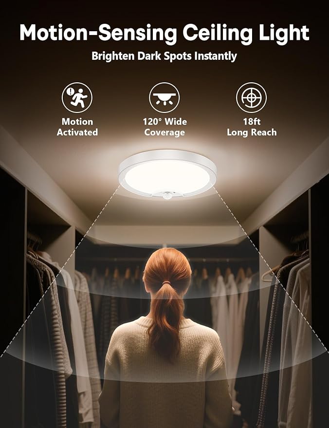 Fizrice Rechargeable Motion Sensor Ceiling Light – No Wiring, USB Charging, 150+ Days Battery Life, Perfect for Hallways, Closets & Bathrooms