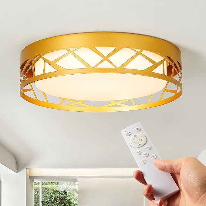 Modern Dimmable LED Flush Mount Ceiling Light with Remote, 2400LM 2700K-6500K Adjustable 12 Inch Bedroom Ceiling light with Night Light for Kitchen Hallway Bathroom Living Room (Gold, Vertical)