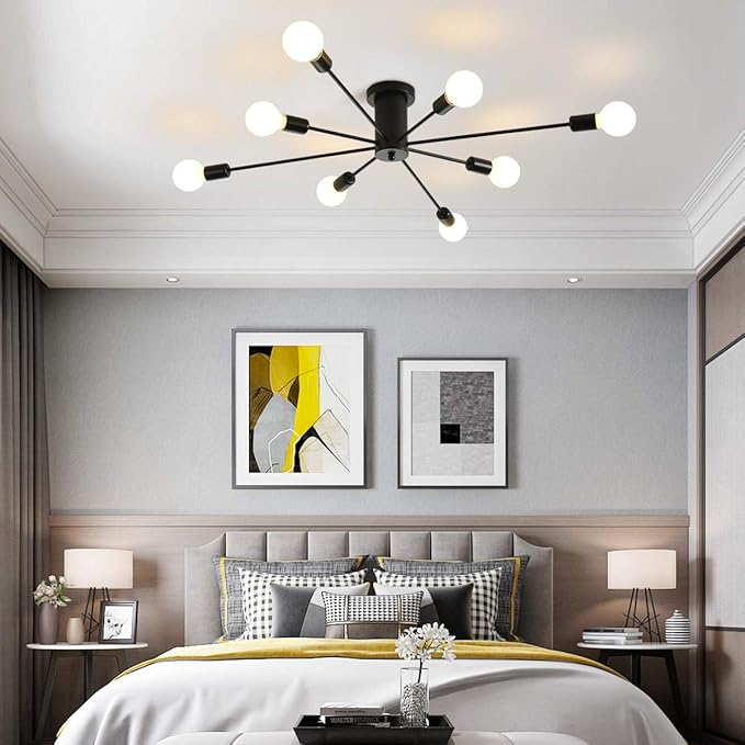 Garwarm 8-Light Sputnik Chandelier Black Industrial Semi Flush Mount Ceiling Light Fixture Mid Century Modern Pendant Light for Kitchen Farmhouse Living Room