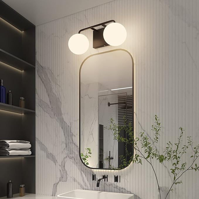 Tipace 2 Lights Mid Century Vintage Bathroom Vanity Light Fixtures Over Mirror Black Industrial Vanity Lights with Milk White Glass Globe Farmhouse Bath Lighting(Exclude Bulb)