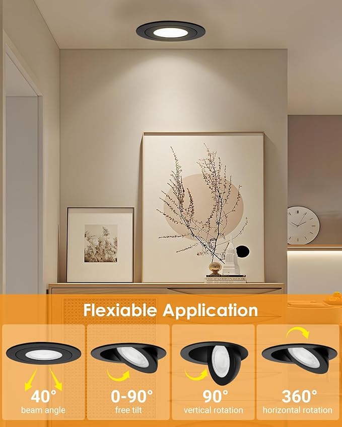 POPANU 3 inch Black Recessed Lights, 7W Canless Gimbal Soffit Lighting, Canless Lights, 5CCT Dimmable 90°Tilt Wafer 3 inch Light, Retrofit Rotatable Eyeball Swivel Spot Downlight 6 Pack Black