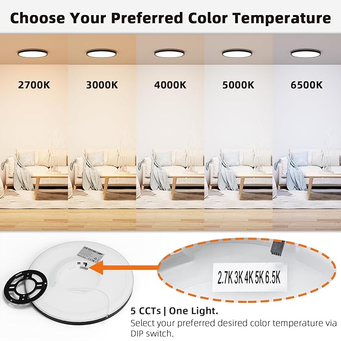 12 Inch LED Flush Mount Ceiling Light with Night Light, 24W 2600LM, 5CCT - 2700K/3000K/4000K/5000K/6500K & Dimmable, Round Ceiling Light for Bedroom, Kitchen, Hallway
