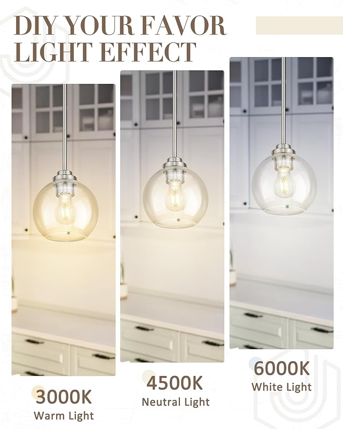 Globe Pendant Light Fixture, Modern Brushed Nickel Hanging Light with Clear Glass for Kitchen Island Dining Room Bedroom Hallway Foyer (1 Pack), PL101BN