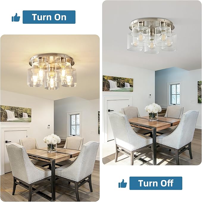 OKELI 5-Lights Semi Flush Mount Ceiling Light Kitchen Lighting Fixtures Ceiling Brushed Nickel Kitchen Cieling Light Fixtures with Clear Glass Shade for Dining Room Entryway Foyer Hallway