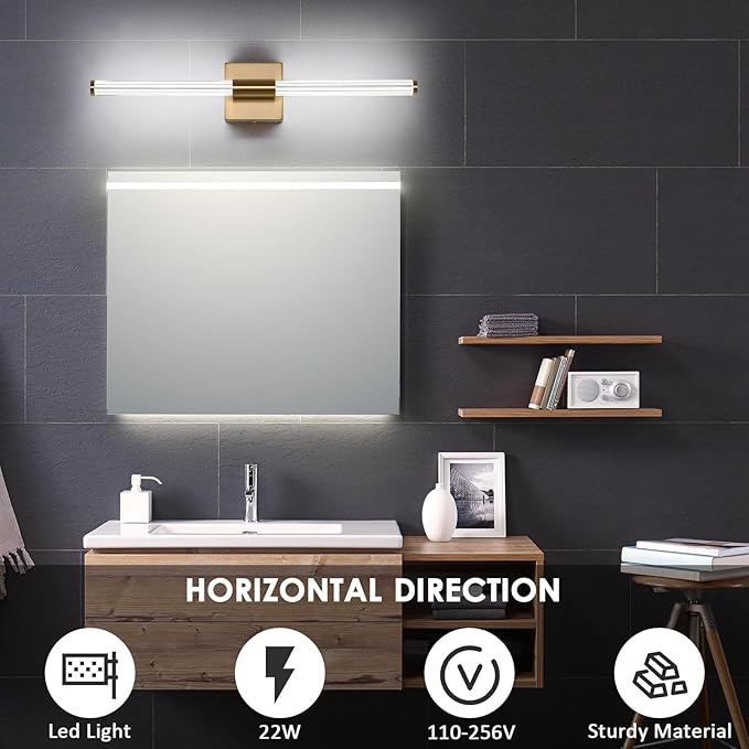 Modern LED Vanity Light, 360° Full Lighting Bathroom Light Fixture Over Mirror, 22W 5500K Cool White, Hardwired Wall Sconce, 23.6 Inch, Brass