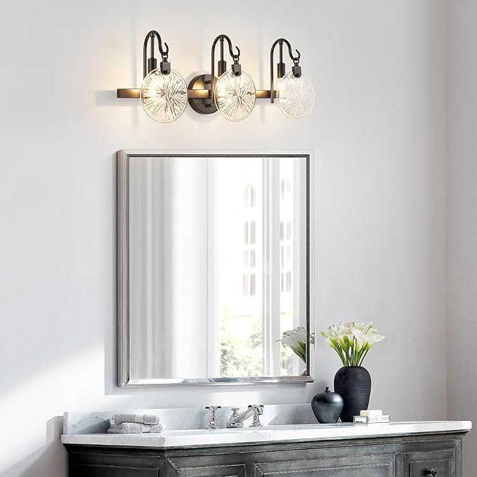 WUZUPS 3-Light Bathroom Light Fixture Over Mirror Morden Vanity Wall Sconces Clear Glass Shade for Bedroom Living Room, E12 Base, Black