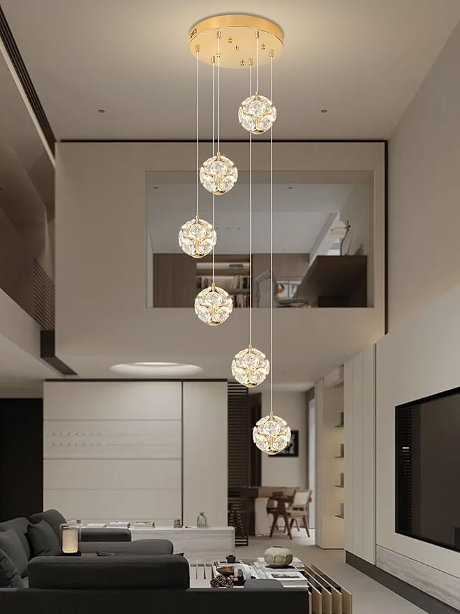 ykolupty LED Staircase Chandelier Modern Crystal Globe Pendant Light Crystal Chandeliers for High Ceilings,Gold Hanging Lighting Fixture for Villas Foyer Hallway Entryway (6-Lights)