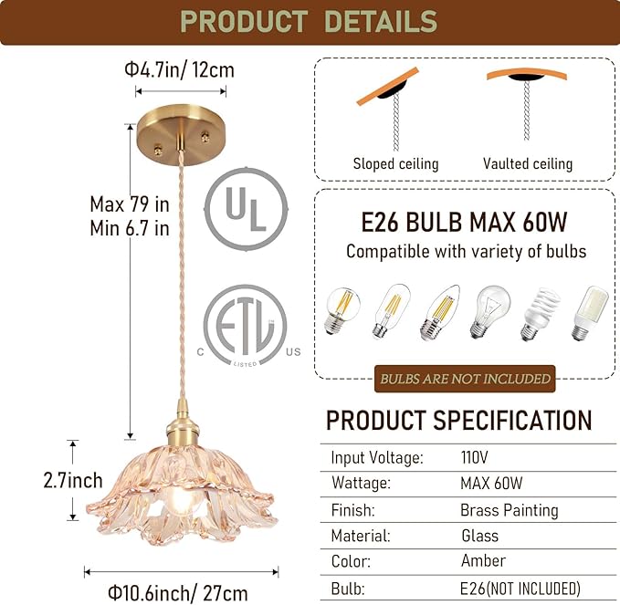 Glass Pendant Light Vintage Light Fixtures,Amber Pendant Lights Kitchen Island,10.6" Glass Pendant Lights Kitchen Island, Modern Pendant Lighting Fixtures for Bedroom Hotel Dining Room