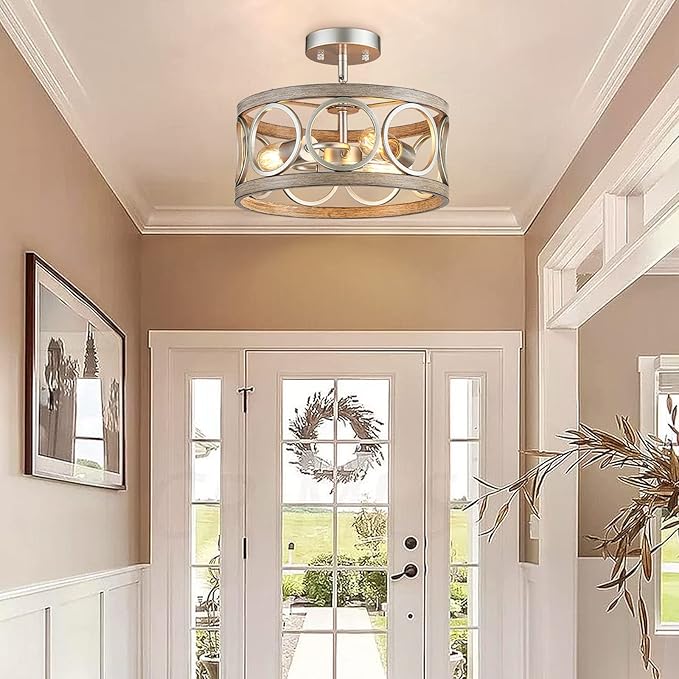 Farmhouse Ceiling Light Fixture, Drum Round Modern Semi Flush Mount Ceiling Light for Kitchen Bedroom Dining Living Room, 13" Metal Nickel and Wood Grain Chandeliers