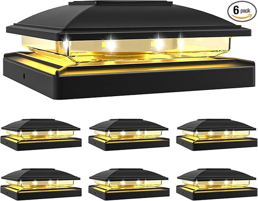 VOLISUN Solar Post Cap Light Outdoor,Solar Fence - Post Lights Waterproof for 4x4/5x5/6x6 Wooden/Vinyl,Black Deck Cap Light Solar Powered with Warm White for Garden/Patio/Porch 6pack