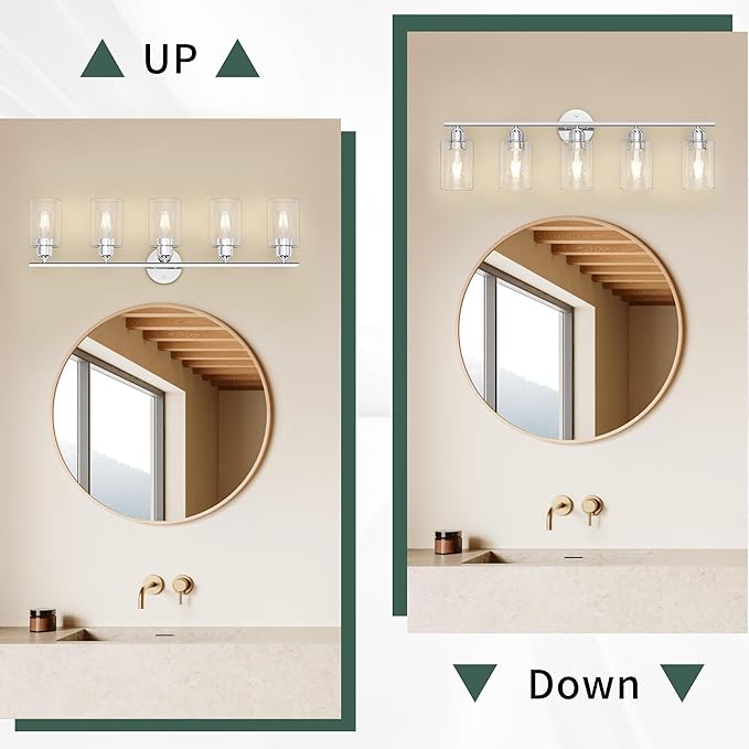 Espird Bathroom Vanity Light Fixtures Polished Chrome Bathroom Lighting Fixture, 5 Lights Bathroom Light Fixture Over Mirror, Modern Black Vanity Light, Wall Sconces with Glass Shades