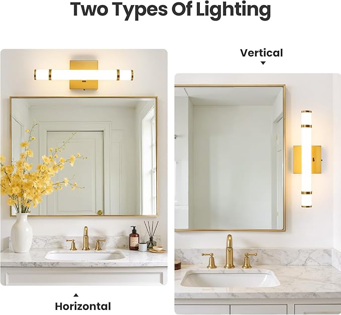 Gold Bathroom Vanity Light - 15.4 Inch LED Modern Bathroom Light Fixtures Over Mirror with Acrylic Shade 10W Dimmable 5CCT Bathroom Sconces Wall Lighting (Built-in Dimmer)