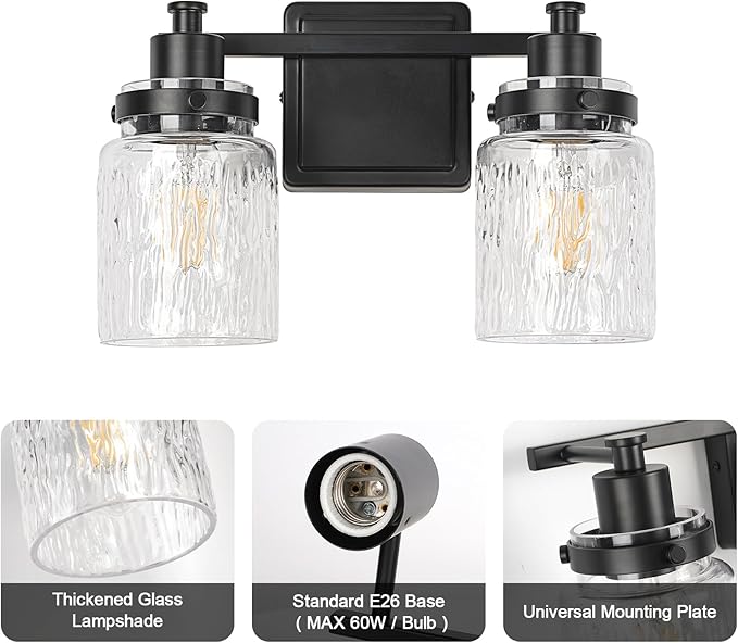 2 Lights Bathroom Light Fixtures Farmhouse Black Vanity Lights for Bathroom Lighting Fixtures Over Mirror with Hammered Glass Lampshade for Cabinet Mirror Bedroom Hallway