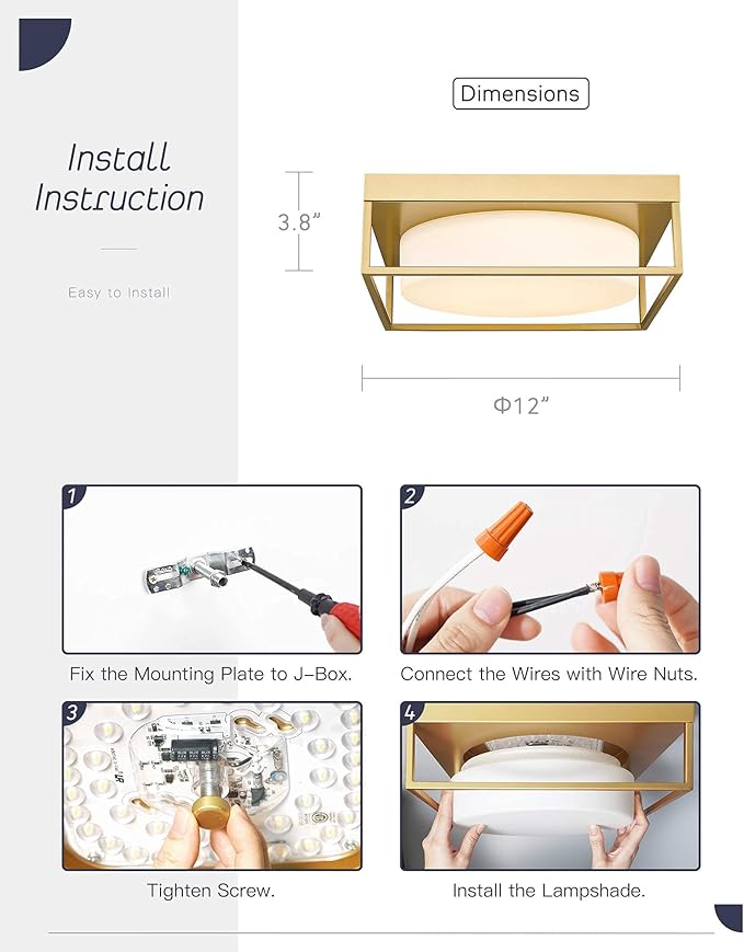 3Pack Modern Flush Mount Ceiling Light Gold, 12 Inch LED Bedroom Ceiling Light Fixture 24W 950 Lumen, Dimmable 3000K, Square Ceiling Lamp for Bathroom Hallway Kitchen