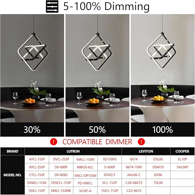 Modern LED Pendant Light Black Pendant Lights 4000K 35W Dimmable External Glow Height Adjustable Pendant Lighting Rectangle Chandelier for Kitchen Island Dining Room Bedroom Foyer（3-Ring）