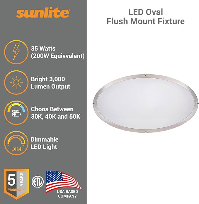 Sunlite 32" Oval Double Band Trim Flush Mount Light Fixture, 35 Watts, 3000 Lumens, Color Selectable 30K/40K/50K, Dimmable, ETL Listed, Brushed Nickel, for Residential & Office Use