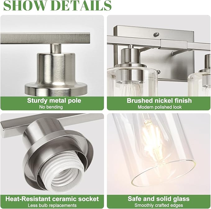MOKATNG 4-Light Bathroom Light Fixtures, Vanity Light with Clear Glass Shades, Brushed Nickel Bathroom Light Fixtures Over Mirror, Modern Bathroom Wall Lamp for Mirror Living Room Cabinet Bedroom