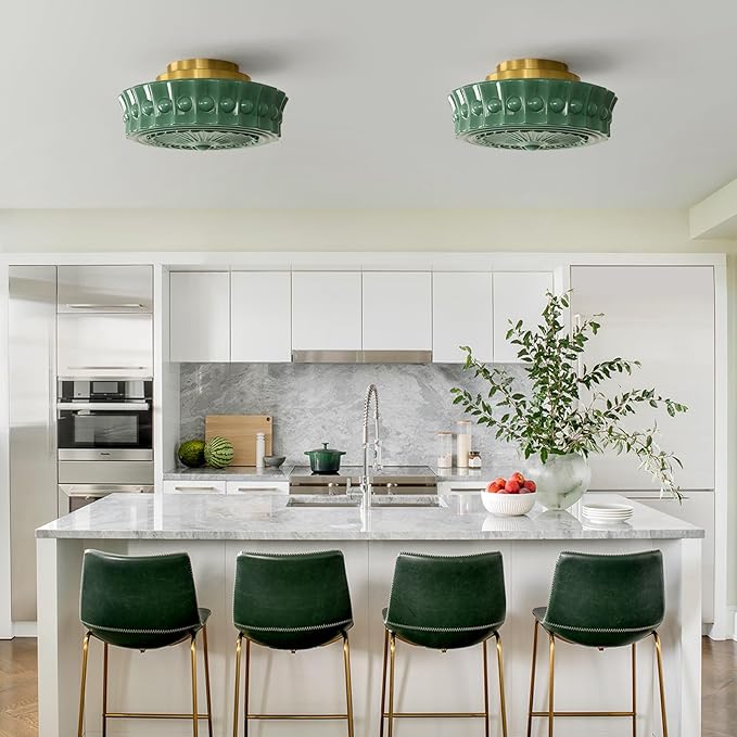 Semi Flush Mount Ceiling Light 14 inch Milk Glass Ceiling Light Mid Century Vintage Green School House Ceiling lamp for Kitchen Hallway Restaurant Living Room and Bedroom
