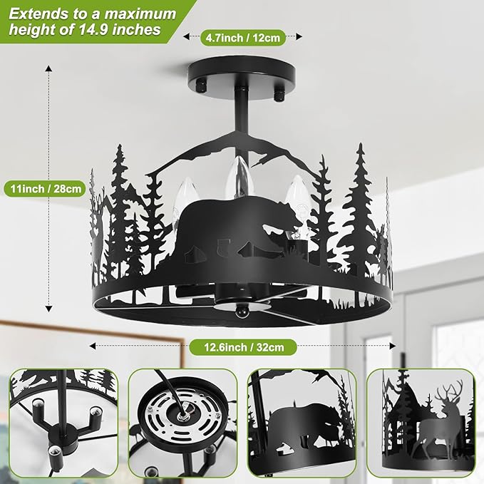 Rustic Farmhouse Semi-Flush Mount Ceiling Light Fixture,3-Light E12 Base Black Round Metal Light Fixtures for Kitchen, Foyer, Living Room, Industrial Style with Deer, Bear, and Tree Design-Rimless
