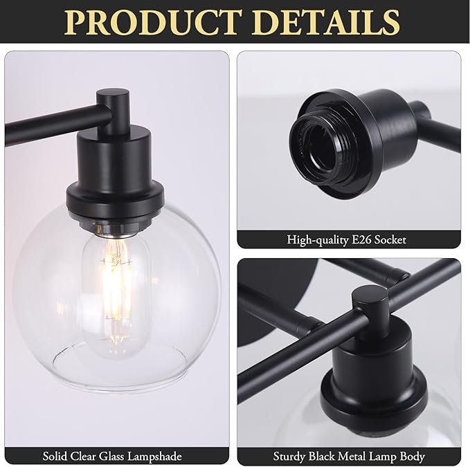 Bathroom Vanity Light 3 Light, Black Bathroom Light Fixtures with Clear Globe Glass Shade, Matted Black Wall Sconce Over Mirror for Kitchen, Living Room