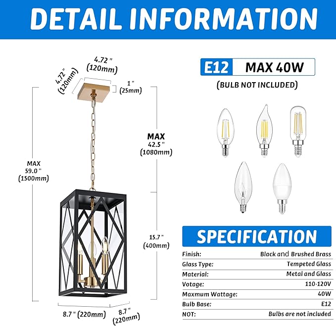 15.7'' Outdoor Pendant Light Black Brass, Exterior Ceiling Hanging Lantern Porch Light with Clear Glass, Outdoor Hanging Lantern Lighting Exterior Pendant Lighting Fixture for Porch, Gazebo
