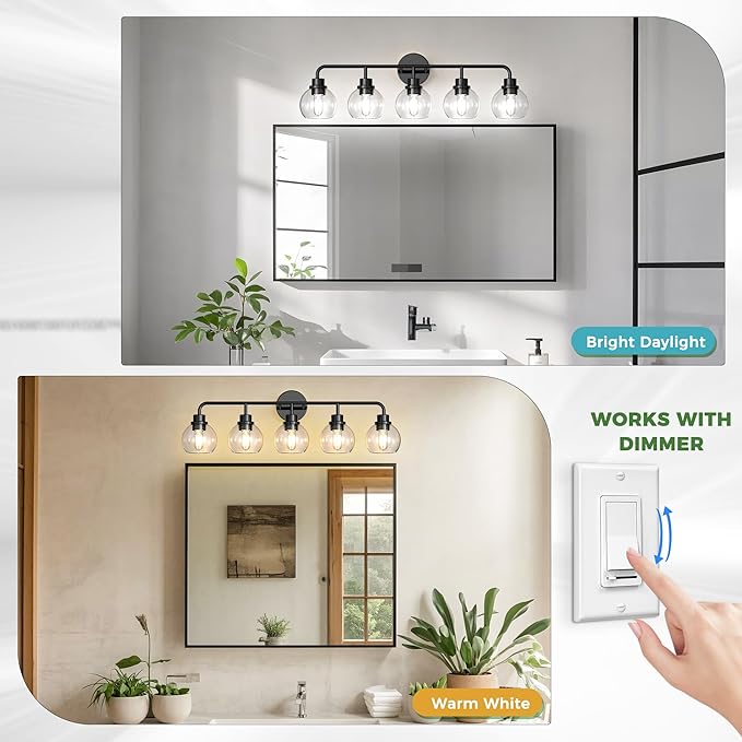 DORESshop Built to Last 20 Years Bathroom Light Fixtures, 5-Light Vanity Lights Over Mirror, Black Wall Lamp with Clear Glass for Living Room Decor Bedroom Porch Cabinet