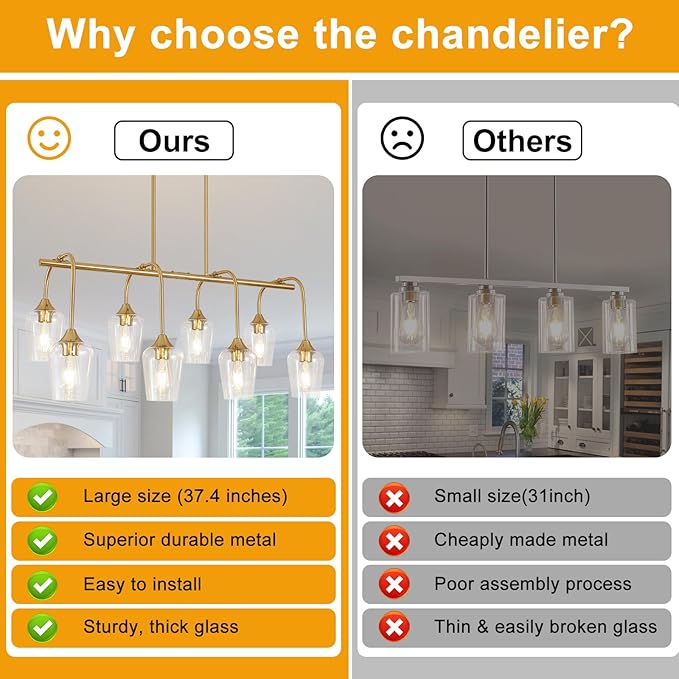 38" Dining Room Light Fixture/Chandelier Over Table, 8-Light Brushed Gold Kitchen Island Lighting with Clear Glass Shade, Modern Hanging Pendant Lights Fixture for Kitchen Island, Dining Room, Bar