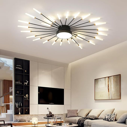 JAYMP 41.3" Ceiling Light Modern Flower Shape Ceiling Lamp for Living Room Dining Room Flush Mount Metal Acrylic Sputnik Firework Petal LED Lighting Fixture (Matte Black, 28+1 Lights)