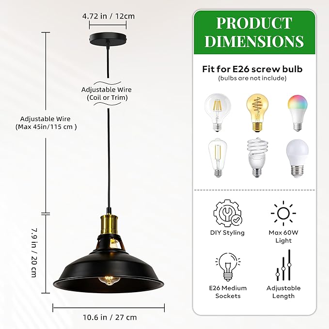 3 Light Pendant Lighting, Farmhouse Hanging Light Fixture for Kitchen Island & Dining Room, Industrial Vintage Ceiling Lamp with E26 Base, Adjustable Height, Black and Gold with Metal Shade