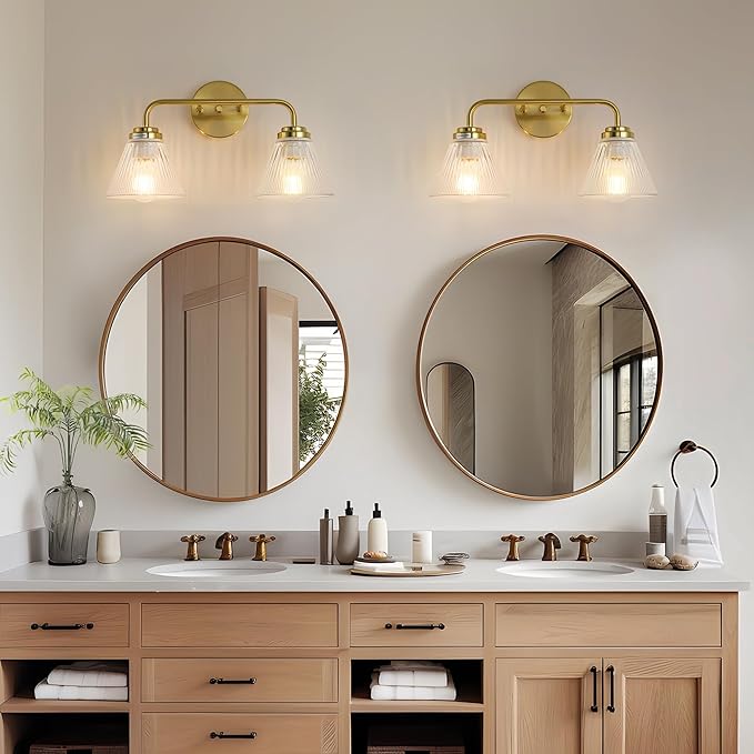 Modern Bronze Bathroom Vanity Light, 2-Light Wall Sconce with Clear Ribbed Glass Shades, Farmhouse Industrial Light Fixture for Bathroom, Vanity Mirror, Powder Room, Hallway (bronze, Eletroplate, 2)