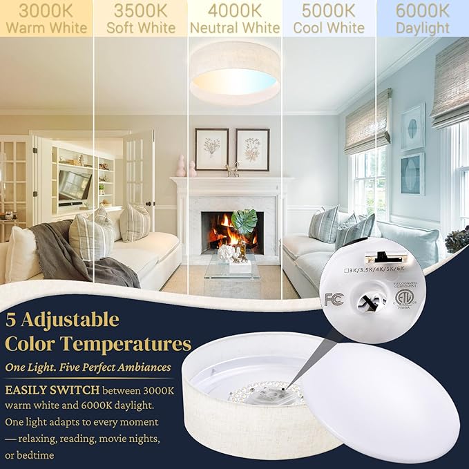 Hamilyeah Flush Mount Ceiling Light 15 inch, 24W LED Lighting Fixture Ceiling Mount for Kitchen, Dimmable Close to Ceiling Lighting Fixture 5CCT for Bedroom, Living Room, Bathroom, Hallway