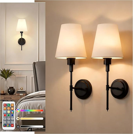 DORESshop Battery Operated Wall Sconce Set of 2, Wall Light Wireless Easy to Install, Dimmable and Adjustable Sconces Wall Decor, Rechargeable Wall Lamp for Bedroom, Living Room, Black 18.7in