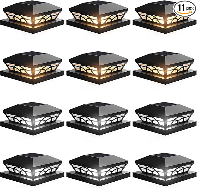 T-SUN Solar Post Cap Lights 12 Pack – Outdoor Waterproof Fence Lights for 3.5x3.5 4x4 5x5 5.5x5.5 Wood/Vinyl Posts, 2 Modes Warm White/White, Solar Deck Light for Patio, Garden, Porch (Black)