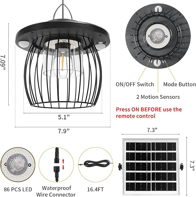 Solar Shed Lights with 2 Motion Sensors, Classic Metal Solar Chandelier Outdoor with 5 Lighting Modes, Waterproof Pendant Lamp with Remote Control for Barn, Gazebo, Garden, Patio(16.4FT Cord)