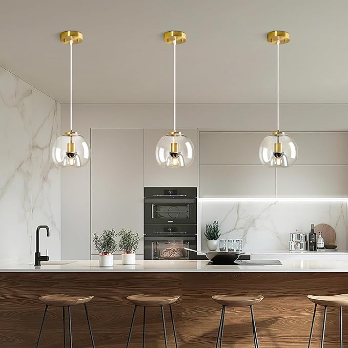 Modern Pendant Lighting Kitchen Island Gold Hanging Light Globe Clear Glass Pendant Light Fixture for Kitchen, Bedroom & Dining Room (7.87", 1 Pack)