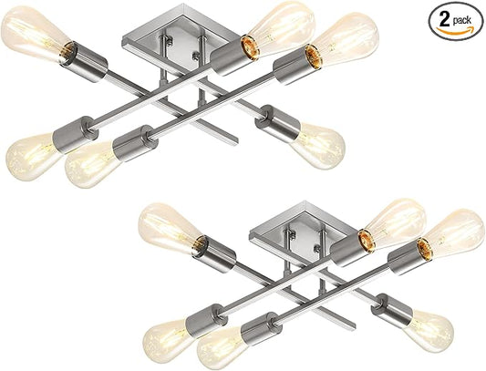 6-Light Semi Flush Mount Ceiling Light Fixture, 2 Pack Modern Brushed Nickel Sputnik Chandelier Lighting, Farmhouse E26 Stock Ceiling Lamp Kitchen Living Room Entryway, Bulbs Not Included