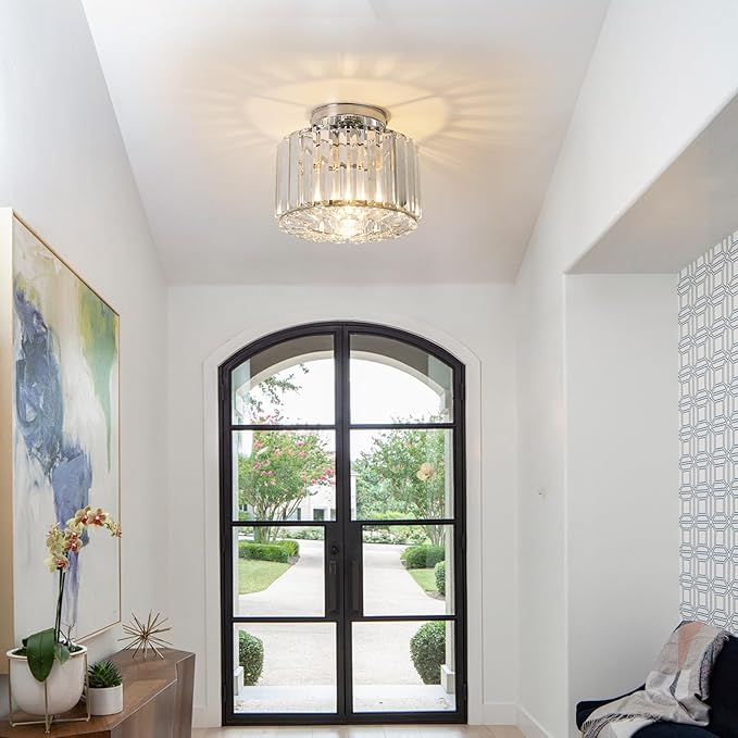 Crystal Ceiling Light, Semi Flush Mount Ceiling Light Silver Crystal Chandelier for Bedroom Kitchen Hallway Entrance Balcony Dining Rooms Living Rooms Bar