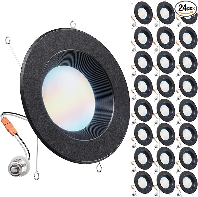 Sunco 24 Pack 5CCT Black LED Recessed Lighting 6 Inch, 2700K/3000K/3500K/4000K/5000K Selectable, Dimmable Can Lights, Baffle Trim, 13W=120W, 965 LM, Damp Rated, Retrofit Installation - UL Listed