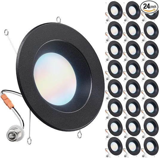 Sunco 24 Pack 5CCT Black LED Recessed Lighting 6 Inch, 2700K/3000K/3500K/4000K/5000K Selectable, Dimmable Can Lights, Baffle Trim, 13W=120W, 965 LM, Damp Rated, Retrofit Installation - UL Listed