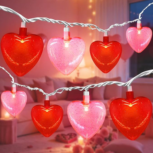 8.5Ft Red & Pink Heart String Lights, Valentine's Day Decorations Light with 10 LED Red Pink Glitter Heart Lights, Connectable Romantic Fairy Light for Wedding Valentine Anniversary Party Decor