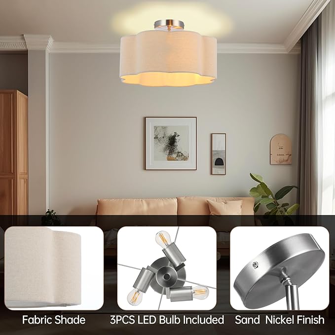 Newrays 3-Light Semi Flush Mount Ceiling Light Fixture, Fabric Shade Modern Close to Ceiling Lamp for Nursery Kids Room Bedroom Kitchen Hallway Entryway with 3PCS LED Bulbs (Linen)