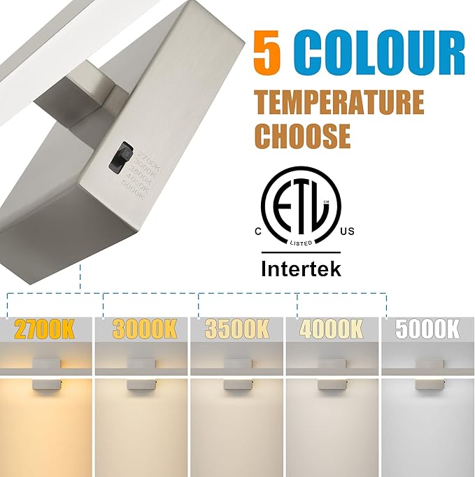 Nickel Bathroom Vanity Light 15.75 inch, 14W Dimmable 5CCT LED Bathroom Light Fixture Over Mirror Restroom Hardwired-ETL Certificated